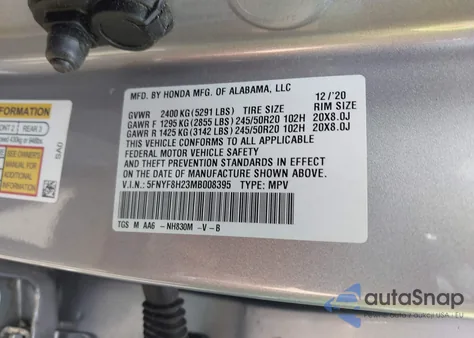 2021 Honda Passport Awd Sport из США, поврежденный, VIN 5FNYF8H23MB008395